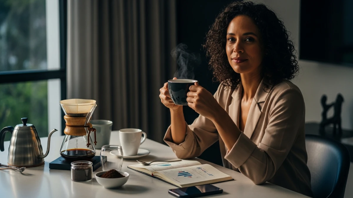 Mulher Analisando a ciência do Café e Saúde com Método Filtrado para Longevidade e Foco Cognitivo