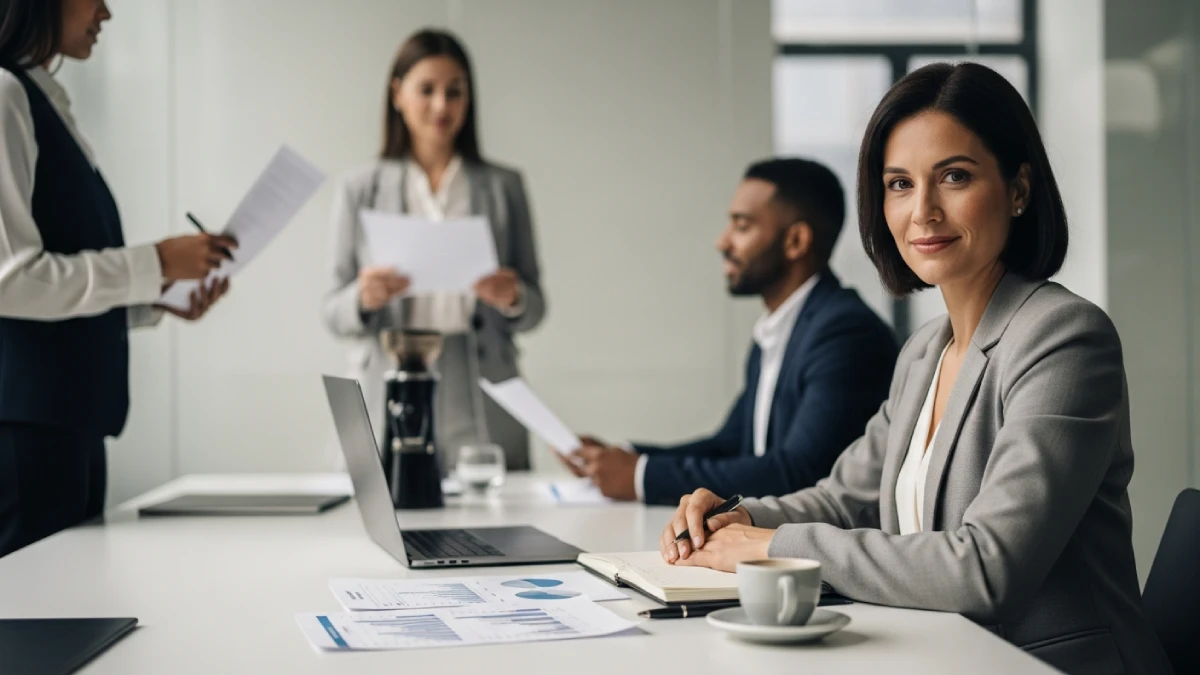 Reunião executiva de negócios com café especial focada em produtividade e retenção de talentos coffee badging